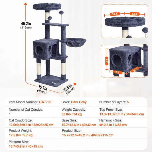 Succebuy Cat Tree for Indoor Cats 45.2" Tower with Cat Condo Sisal Scratching Post Hammocktop Perch Jumping Platforms Dark Grey